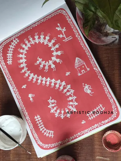 A finished Warli painting in my sketchbook, showing a spiral dancing composition. The course includes detailed tutorials on creating both spiral and circle dancing scenes, which are iconic to Warli art.