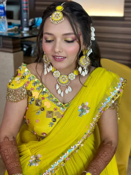 Another angle of the vibrant Haldi makeup, showing how to use color in a way that is modern and beautiful.