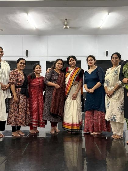 Our community of learners and performers after an enriching workshop with the renowned artist Vijayalakshmi. We foster a collaborative environment where students can learn from guest gurus and each other, growing together as artists.