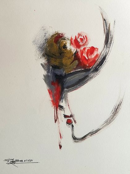 A minimalist and expressive acrylic on paper, this untitled piece uses a few bold strokes to capture the profile of a woman with roses in her hat.