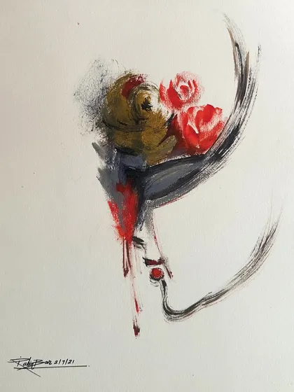 A minimalist and expressive acrylic on paper, this untitled piece uses a few bold strokes to capture the profile of a woman with roses in her hat.
