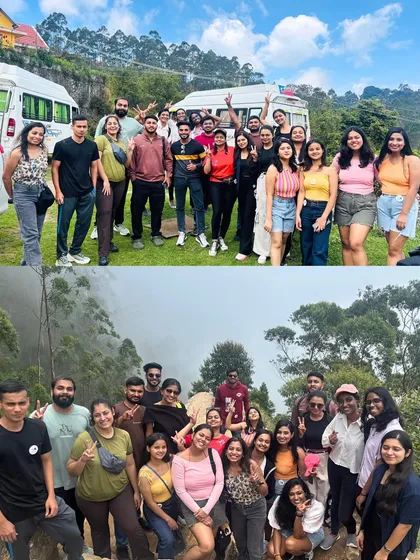 Two moods of a Kodaikanal trip: the bright, sunny start with our traveller van and the misty, atmospheric hike in the hills.