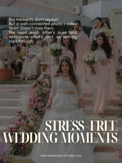 A bride and her bridesmaids walk down a flower-lined staircase. This shot is a perfect example of a big moment that my unified photo and video team ensures is never missed.