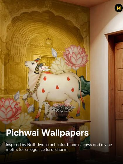 Inspired by Nathdwara art, Pichwai wallpapers bring a regal and cultural charm to any space. This design, featuring the sacred cow and lotus blooms, is perfect for creating a divine atmosphere in an entryway or pooja room.