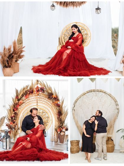 A three-photo collage showcasing different poses and outfits from a single couple's studio session, highlighting the variety of looks we can achieve.