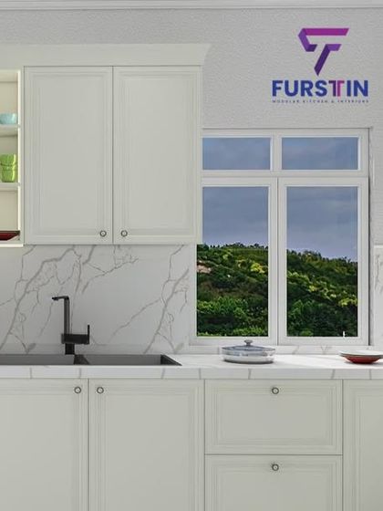 This 3D design showcases a classic white kitchen with a tall pantry unit and open shelving next to the window, maximizing both storage and natural light.