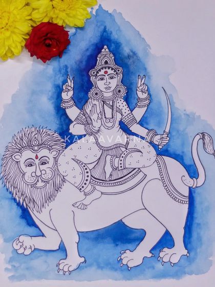 Devi Chandraghanta, the third form of Navadurga, is depicted here riding a lion. This ink drawing captures her fierce yet graceful presence, highlighted by a blue watercolor background.