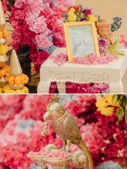 A collage of decorative details from a Vrindavan-themed haldi. It features a brass parrot, framed artwork, and beautiful pink floral arrangements, adding to the divine atmosphere.