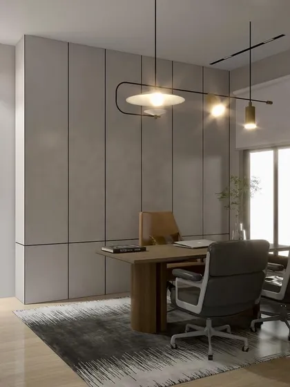 We design workspaces with precision, balancing serene elements with warmth and professionalism. This office fosters productivity and inspires success through its thoughtful layout, lighting, and material choices.