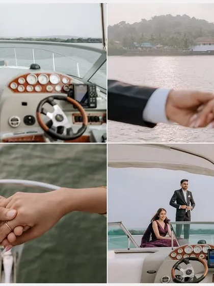 A glimpse into a luxurious yacht pre-wedding shoot in Goa. This collage includes a staged proposal, close-ups of holding hands, and portraits against the scenic coastal backdrop.