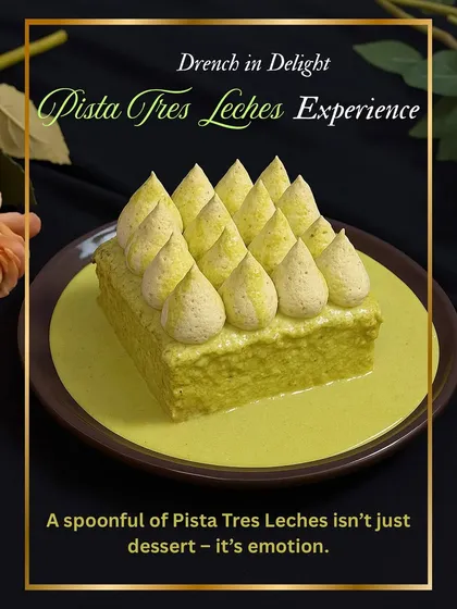 A spoonful of our Pista Tres Leches isn't just dessert, it's an emotion. This silky, spongy masterpiece is soaked in three kinds of milk and infused with the royal flavor of pistachio.