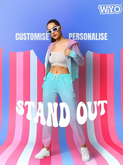 "Customise, Personalise, Stand Out." A model in a stylish ombre co-ord set, encouraging customers to create a wardrobe as unique as they are.