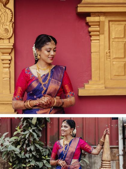 A collage of a bride's portraits, showcasing her traditional attire against a vibrant red and gold background.