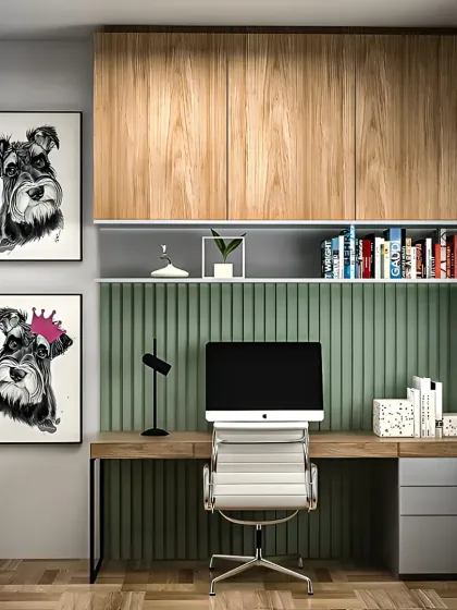 A home office should reflect your personality, as seen in this personalized setup. I used a soft green fluted panel as a feature wall, paired with natural wood tones and quirky art to create a space that is both functional and uniquely yours.