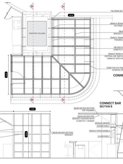 Orthographic drawings of the 'Connect Bar' for the 080 Lounge. This sheet includes the plan, sections, and elevations, providing the contractor with precise details for fabrication and installation.