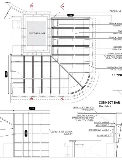 Orthographic drawings for the Connect Bar at the 080 Lounge, including detailed plans and sections that specify materials and construction methods.