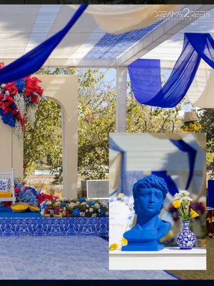 Details of the Caribbean-themed Haldi decor, including the flowing drapes, floral arrangements, and a quirky blue bust statue that added a touch of modern art.