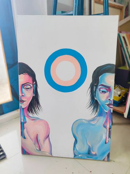 This acrylic painting explores themes of duality and identity. It's part of a collection of my older works that are available for purchase.