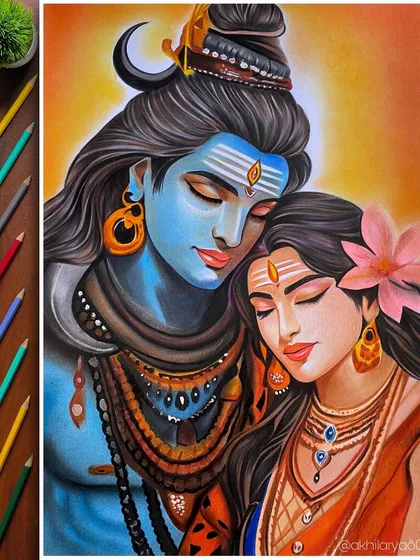 This colorful artwork of Lord Shiva and Maa Parvati is a celebration of their divine bond. Created with colored pencils, it’s a popular piece for those looking to add a touch of spiritual harmony to their home.