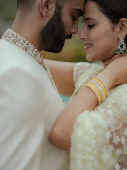 A close, intimate portrait capturing the deep connection between the couple. This shot from a Mumbai wedding shoot focuses on their gentle expressions and the soft, natural light, creating a timeless and emotional image.