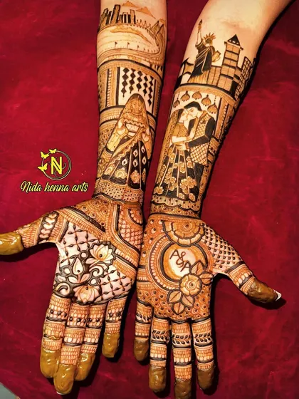 This customized bridal design includes portraits, cityscapes, and other personal elements chosen by the bride to tell her unique story.