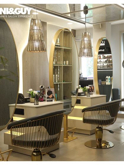 The styling area in my Greater Kailash 1 salon is where transformations happen. With gold accents, modern chairs, and full length mirrors, the space is designed to make you feel like a star.