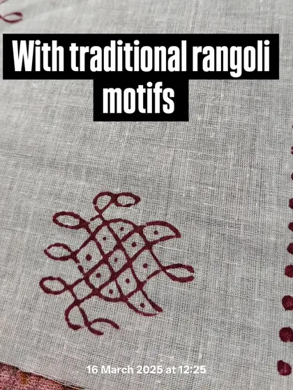 A close-up of a hand-block printed fabric with traditional rangoli motifs from Ambara Chittara, a group we visited in Shimoga.