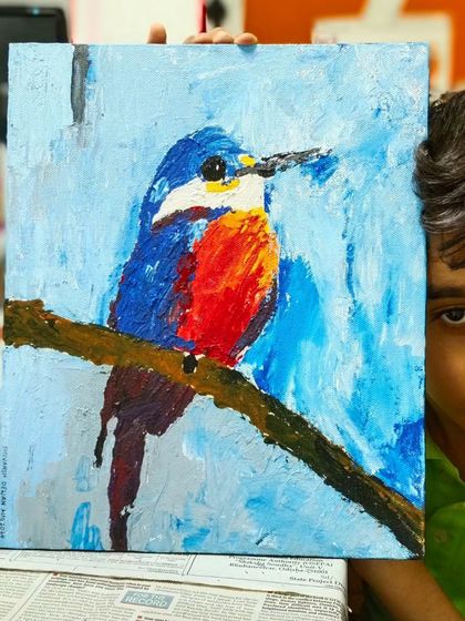 My student Shivansh making me proud with his impasto knife painting of a kingfisher. It's been a joy to watch his artistic journey.