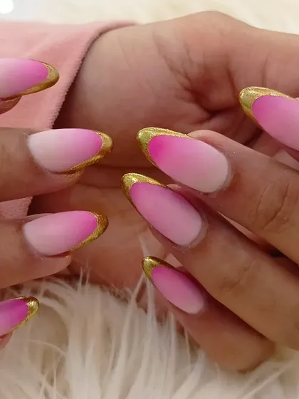 Another view of the matte pink ombré with gold chrome tips.