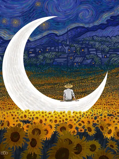 Finding peace in solitude. I illustrate Vincent sitting on a giant crescent moon that has landed in a field of sunflowers, looking out over a distant town. It’s about stepping away from the noise to find clarity and a grander perspective.