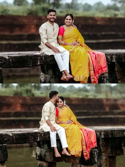 A collage showing two beautiful moments from a traditional maternity shoot. Whether sitting together or sharing an affectionate kiss, the couple's connection is the focus, complemented by their vibrant yellow and pink ethnic wear.