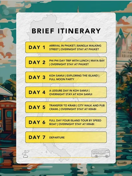 A brief day-by-day itinerary for our 7-day Thailand trip. We've packed it with highlights like Bangla Walking Street, a Phi Phi day trip, the Full Moon Party, and a four-island tour.