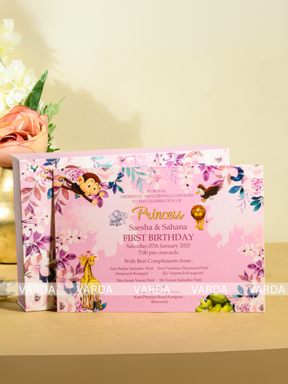 This invitation card for a first birthday features a lovely 'Princess' theme with cute jungle animal illustrations. The soft pink and floral design is perfect for celebrating a little one's special milestone.