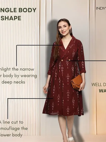 If you have a triangle body shape, our strategy is to highlight your narrow upper body. I recommend A-line cuts, deep necklines, and well-defined waists to create a beautiful and proportionate look.