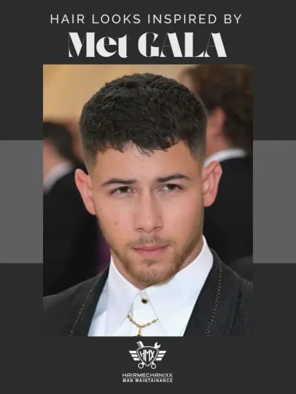Inspired by the Met Gala, Nick Jonas' textured crop is a sharp, modern look. We bring these red carpet styles to our clients, tailored for real-life wear.