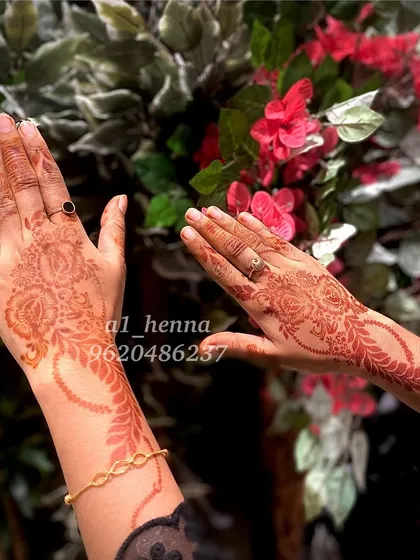 The beautiful stain of a floral design using my instant henna, set against a natural background. The color is rich and perfect for any celebration.