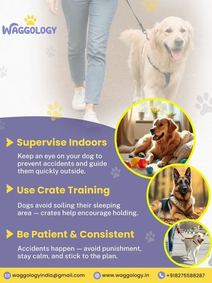 Potty training requires patience and consistency. This graphic provides key tips like supervising your puppy indoors and using crate training to encourage good habits. Remember to stay calm and avoid punishment, as accidents are part of the learning process.