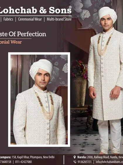 A look at one of our most sought-after pieces for grooms. This is a classic ivory ceremonial sherwani featuring subtle, all-over embroidery. Paired with a traditional white pagri and a simple pearl mala, it represents timeless perfection for a wedding day.