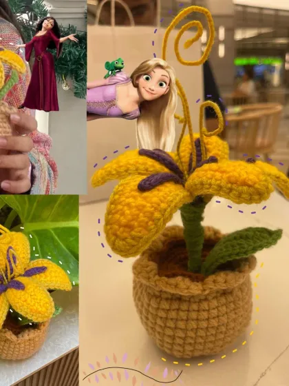 I had so much fun designing this potted Sundrop flower. This collage shows off all the little details that make it a special tribute to Rapunzel and her story.