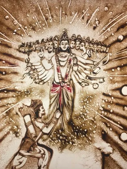 This single frame from a Mahabharata project captures the divine moment between Krishna and Arjun. The level of detail, from the cosmic background to the expressions, shows the intricate artistry we bring to every mythological and cultural sand story.