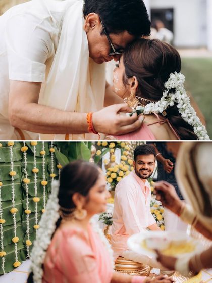 A collage of tender moments from a South Indian wedding ceremony. From a father's blessing to a stolen glance, these are the small interactions that hold so much meaning.
