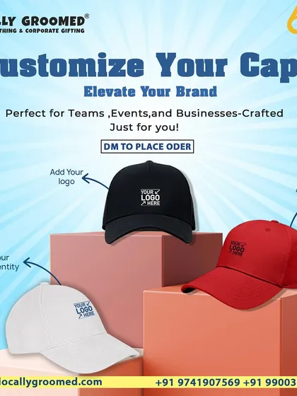 We can customize caps with your logo, name, or brand identity. This graphic shows how we can add branding to the front and sides of caps in various colors.
