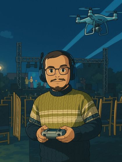 A cool anime-style portrait a friend created for me. It perfectly captures my passion for flying drones and capturing the energy of live events.