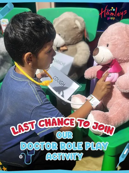 Last chance to join the clinic! A young doctor-in-training gives his teddy bear patient a check-up with a stethoscope. Our doctor role-play activity is a fantastic way for kids to learn about helping others.