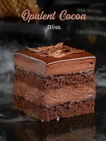 A close-up of the rich and decadent Opulent Cocoa Bliss chocolate ice cream cake.
