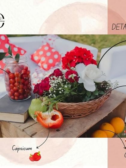 This design board breaks down a decor detail, showing how a simple basket of cherry tomatoes, books, and flowers on a crate contributes to the overall rustic and charming aesthetic.