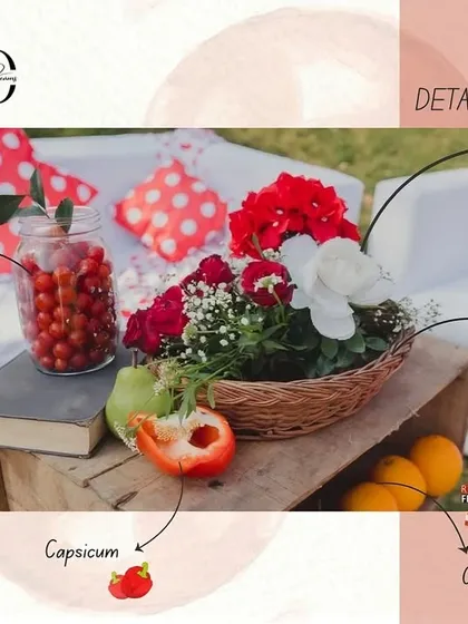 A mood board detailing the smaller, charming elements of the 'La Tomatina' theme, including cherry tomatoes in a jar, books, and fresh produce arranged in a wicker basket.