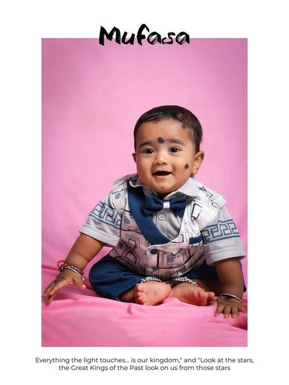 A happy baby boy, dressed smartly with a little bow tie, gives a big smile for the camera. The "Mufasa" theme adds a fun, creative touch to this classic studio portrait on a pink backdrop.