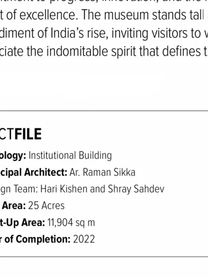 The project fact file, crediting me as part of the design team for this 25-acre, 11,904 sq. m. institutional building.