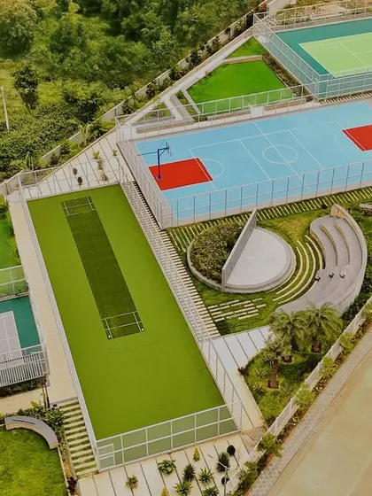 We design vibrant, multi-functional sports zones that are seamlessly integrated into the landscape. This completed project at Serene Exotica features a cricket pitch, basketball court, and tennis court, promoting an active community lifestyle.